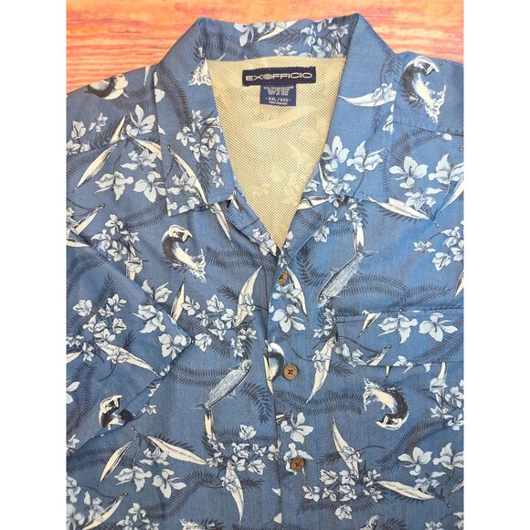 ExOfficio Mens Hawaiian Shirt XXL Blue Floral & Fish Pattern - Picture 4 of 9